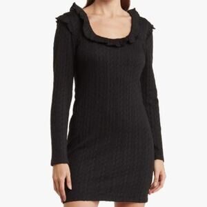 19 Cooper Ruffle Long Sleeve Knit Dress Black Mini Dress Size L